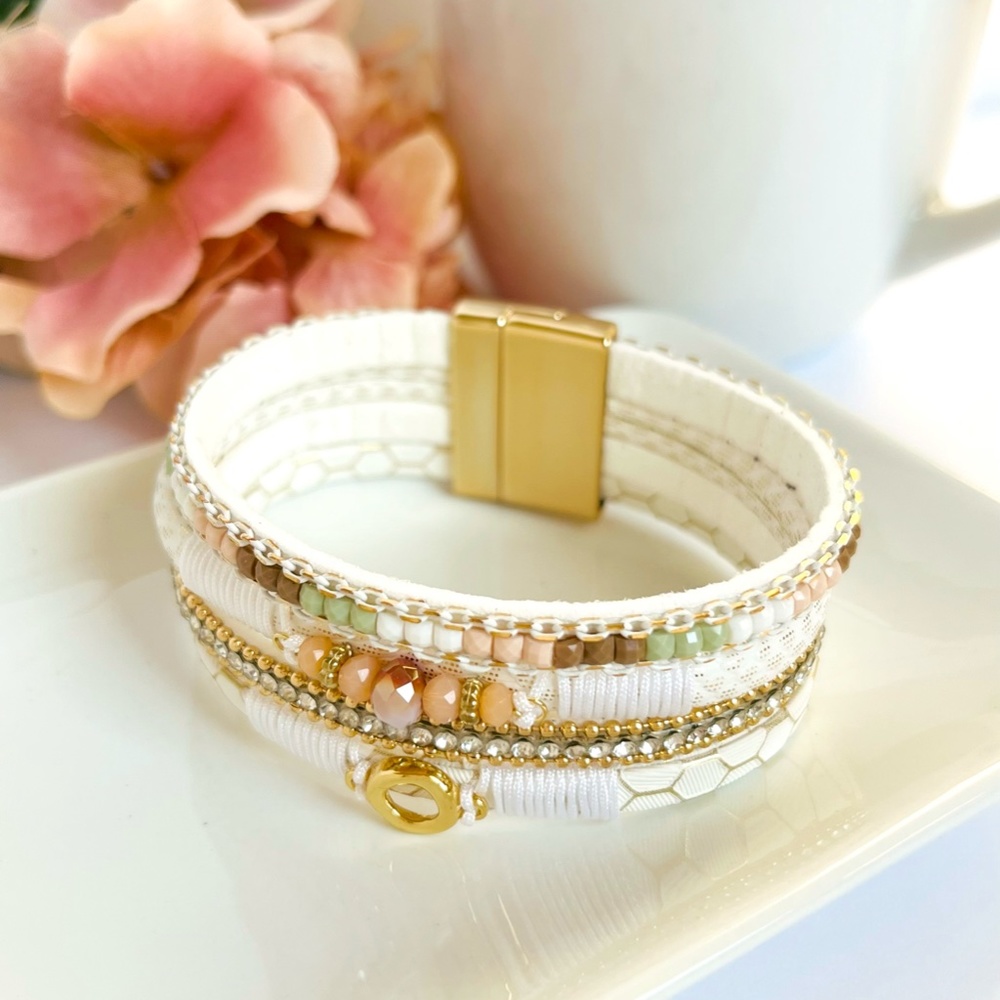 White Leather Rhinestone Bead Bracelet